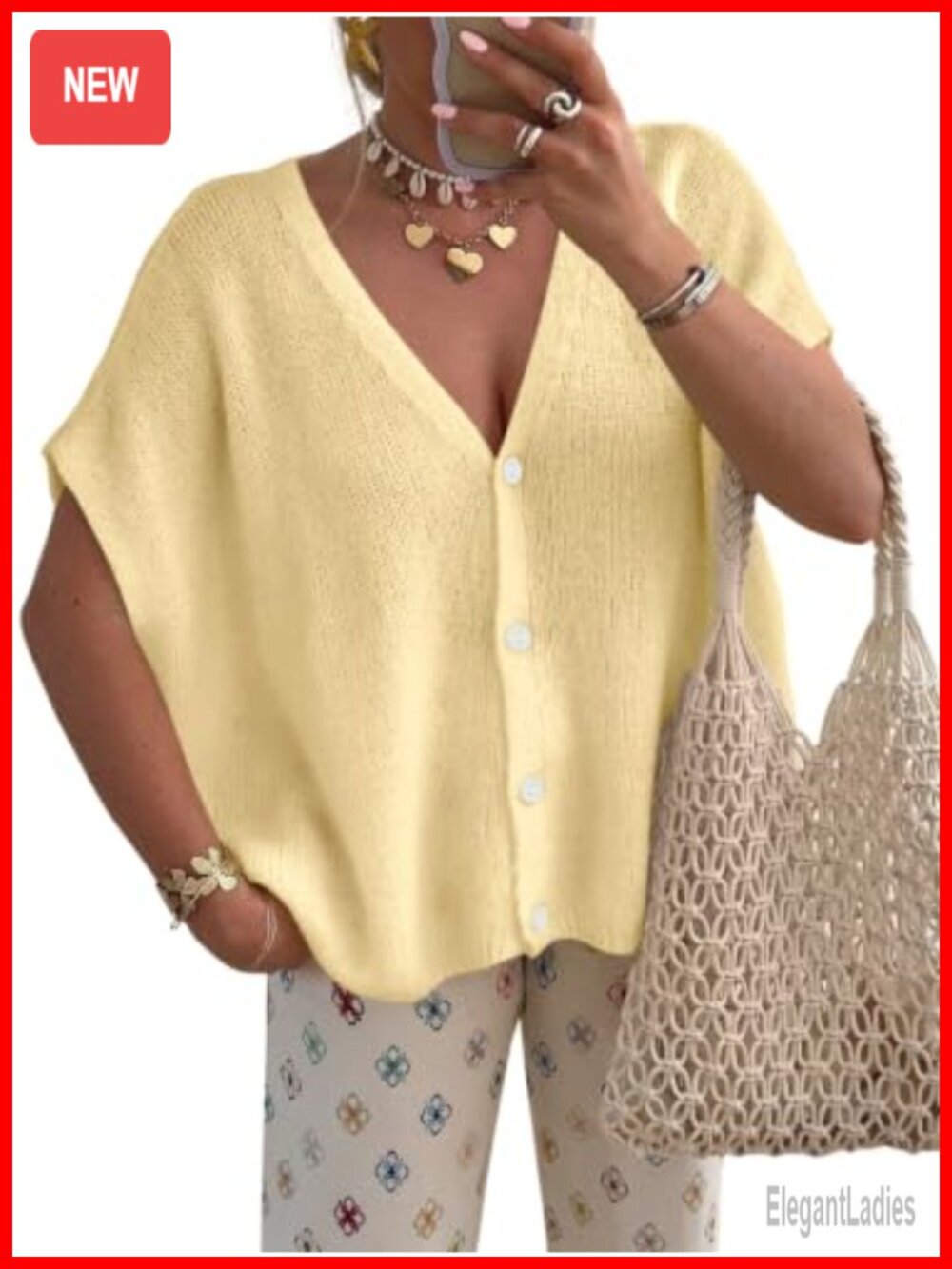 Oversized Batwing Sleeve Button Up Cardigan Sweater Short Sleeve V Neck Knit